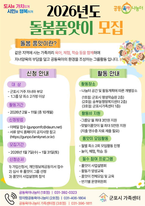 2026년 군포시 공동육아나눔터 돌봄품앗이 모집 안내 1