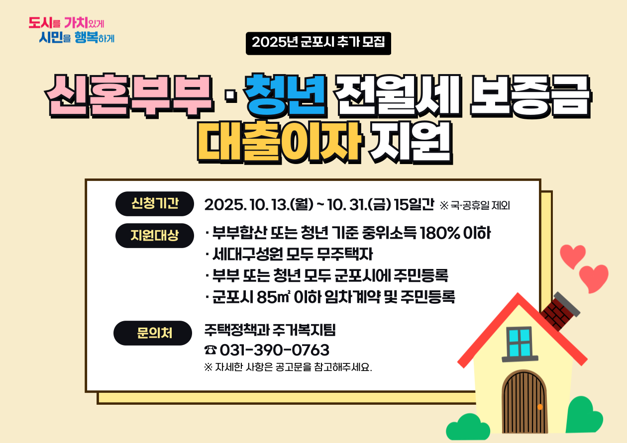 2025년 군포시 신혼부부 &middot; 청년 전월세 보증금 대출이자 지원 추가모집 안내 1