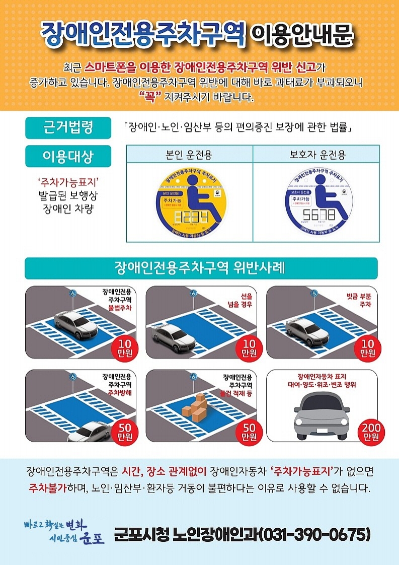 장애인전용주차구역 이용가능 표지 및 주차위반 단속기준 안내 1