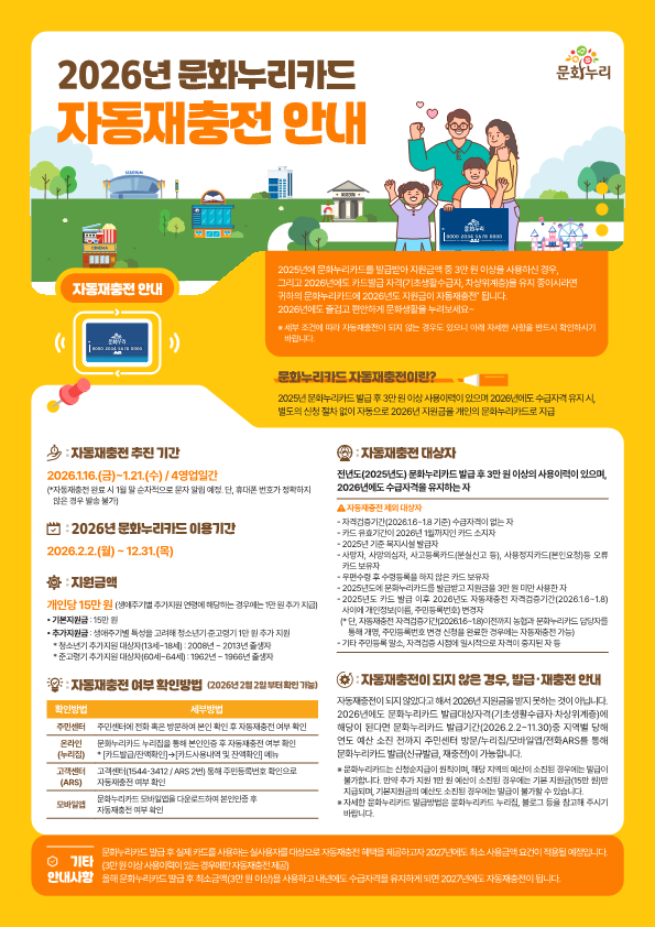 2026년 통합문화이용권(문화누리카드) 자동재충전 및 이용기간 안내 1