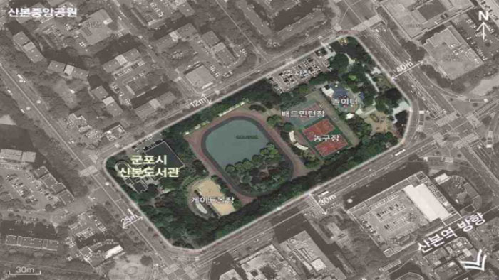 산본도서관 위치도 - 게이트볼장 위쪽