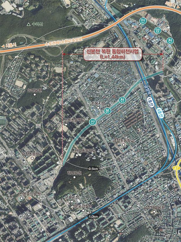 산본천 복원 통합하천사업 위치도 